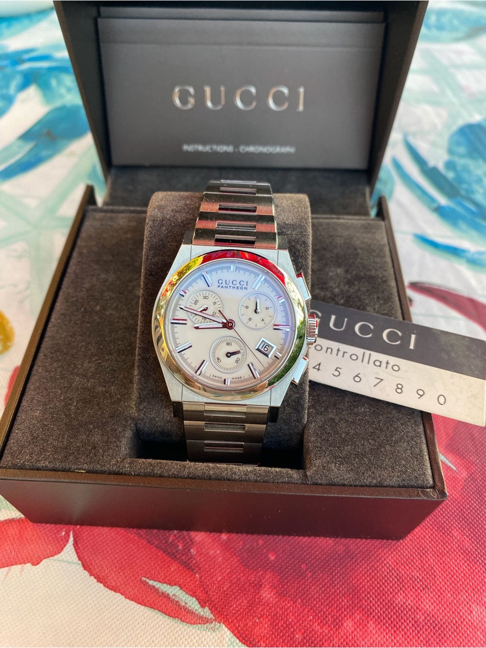 Gucci Panthéon Chronograph Watch - Silver, White, Red Accents